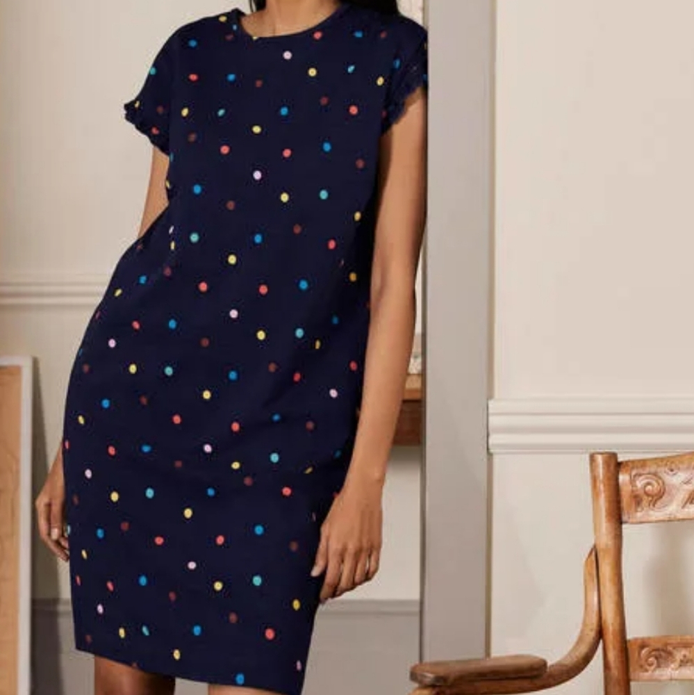 BODEN Faye Jersey T-Shirt Shift Dress Navy Polka Dot | 12R
